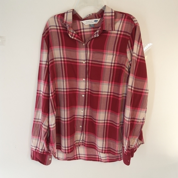 Old Navy Tops - OLD NAVY XL CLASSIC SHIRT PINK PLAID